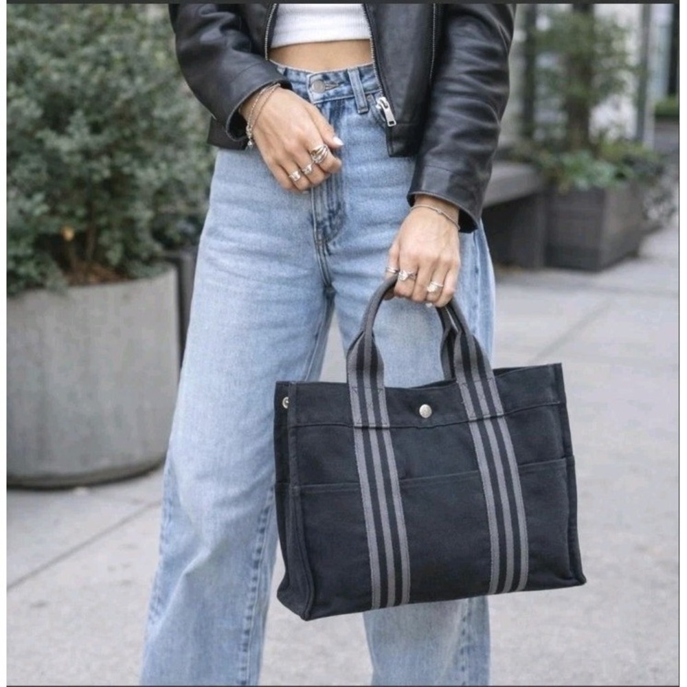 HERMES Fourre Tout Black Gray Canvas Tote Handbag Distressed Grunge Luxury